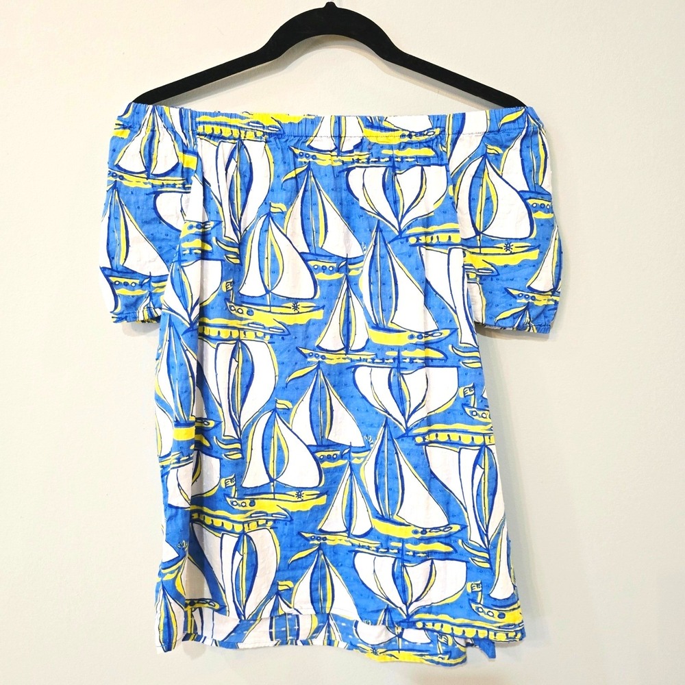 Lilly Pulitzer Sailboat Print Off The Shoulder Cotton Swiss Dot Top Blue XS